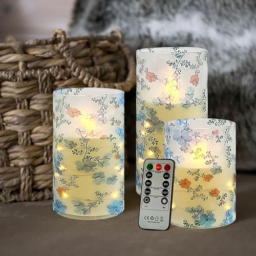 Image of Flickering Flameless Candles Vintage Blue Floral Print, Embedded Star String Lights, Battery Operated Acrylic LED Pillar Candles with 11-Key Remote and Timer for Home Decoration, 3 Pack