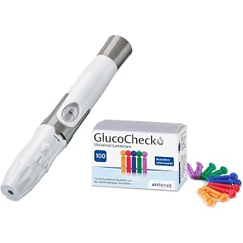 GlucoCheck Lancing Aid and 100 Universal Lancets by Gluco Check (Value Set) For obtaining a drop of blood for measuring blood