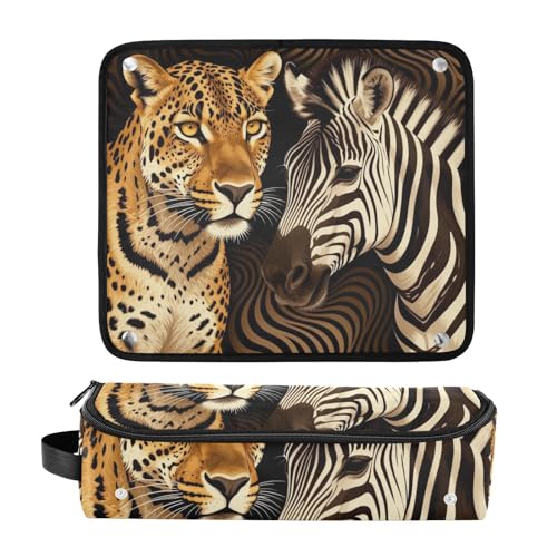 Bolsa de viaje para herramientas de cabello y alfombrilla resistente al calor con gran capacidad para rizadores, planchas y secadores con estampado animal de leopardo y cebras para mujeres miniatura 3