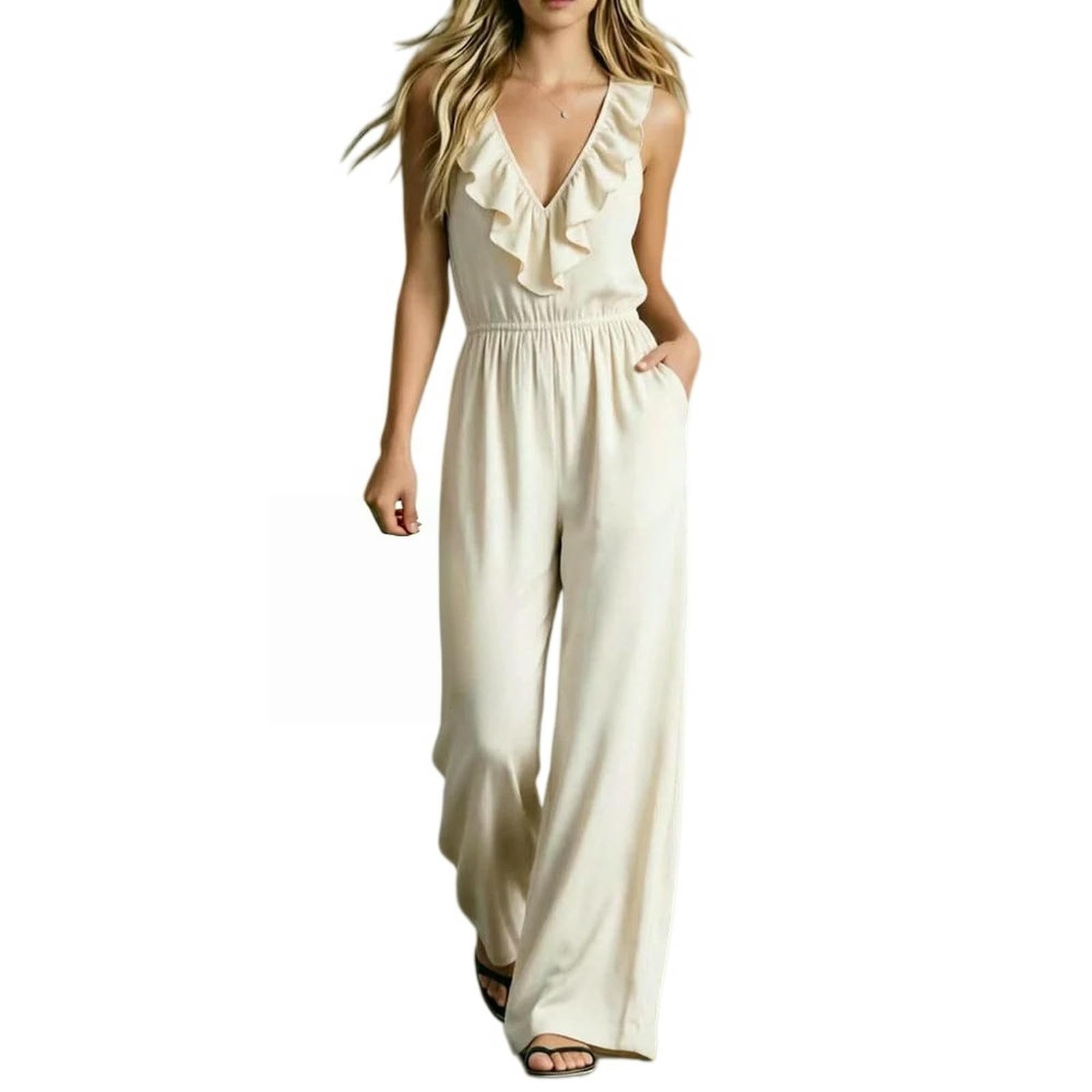 Mono De Verano Mono De Mujer Estilo Bohemio con Volantes, Escote En V Y Pernera Ancha.