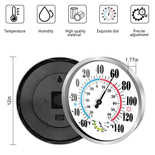 12'' Outdoor Thermometer Large Numbers, Outdoor Decorative Thermometer With Stainless Steel Enclosure No Battery Needed Outdoor Thermometers For Patio (Silver) #TOP3