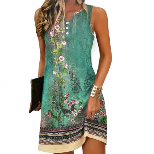Yeenily Robe Décontractée à sans Manches Femme Col Rond Bohème Fleurie MiniRobe Robe Imprimé Lâche Court Robe(sans Manches-Vert,XL)