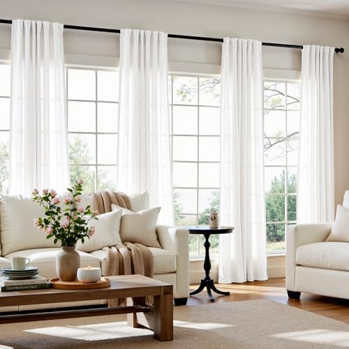 Image of jinchan Linen Curtains Light Filtering Back Tab 50x108 Inch 4 Panels White