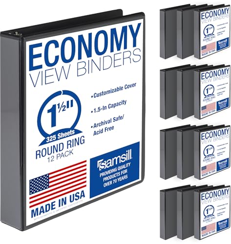 Samsill 1.5 Inch 3 Ring Binders, Economy Round Ring, Clear View Cover, 325 Sheet Capacity - for School, Home, Office - Black, 12 Pack