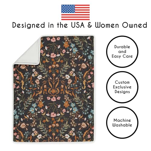 Image of Sweet Jojo Designs 4-Piece Baby Crib Bedding Set (Black Wildflower Vintage Floral) for Girls, Infants /Nursery incl. Blanket, Fitted Sheet, Skirt, Diaper Stacker (Boho, Paisley, Bohemian, Cottagecore)