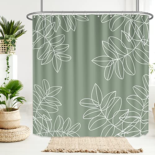 Qahing Sage Green Waterproof Shower Curtains For Bathroom White Leaf Bath Curtains Decor With Hooks Minimalist Botanical Leaves Decorative Plant Fabric Shower Curtains Hotel,72X72 Inches #TOP2