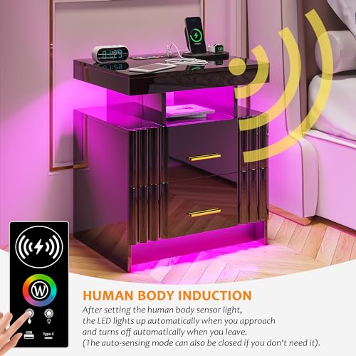 Skktkt Nightstand Set Of 2 With Charging Station, Black Led Night Stand With 3 Drawers, High Gloss Bedside Table With Auto Sensor 24-Color Light/Wireless/Type-C/Usb Charging For Bedroom thumb #5