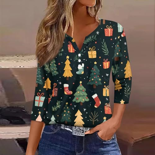 Image of Women Christmas Shirt 3 /4 Length Sleeve Henley Tops Xmas Outfits