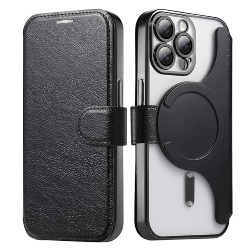 【磁石2in1分離式】 スマホケース 対応 iPhone15 Pro ケース 手帳型 背面 クリア 透明 カード収納 マグネット開閉式 メッキ加工 レンズカバー付き RFID盗難防止 高級なPUレザー+TPU アイフォン15 プロ 用 クリアカバー (ブラ