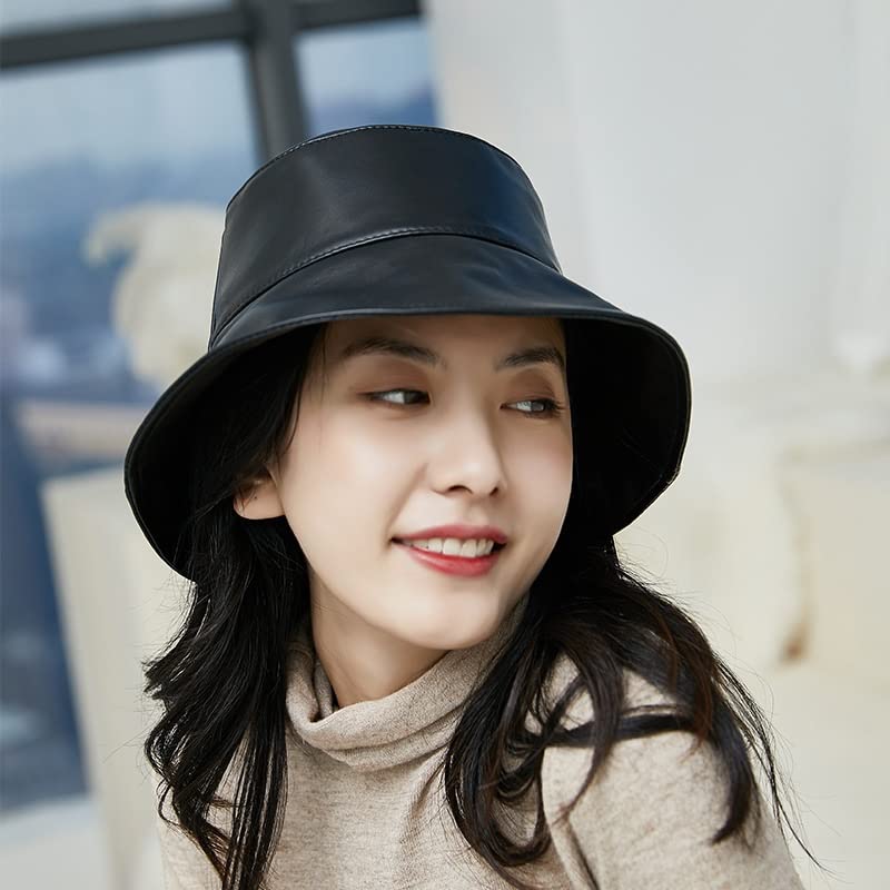 Cappelli in Pelle da Donna Cappello da Pescatore in Pelle Nera Cappello da Sole Femminile Hundred Take Cover Face Sistema Giapponese Cappello a Tesa Larga Cappelli
