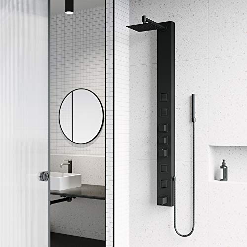 VIGO Bowery Panel de Ducha 58" H x 5" W con 4 Jets, Cabezal de Lluvia Cuadrado, Llena Tina y Ducha de Mano en Negro Mate VG08023MB miniatura 2