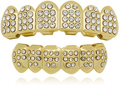 LuReen 14k Gold 6 Teeth Grillz Hip Hop Joker Diamond Top & Bottom Teeth Caps Grillz Set