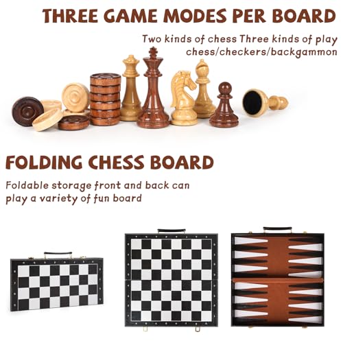 Chess Checkers Backgammon Set 3-in-1 Board Games Sets for Kids & Adults,15\" Folding Magnetic Chess Set Leather Chess Board Strategy Game Portable Travel Chess Game with Magnetic Chess Pieces