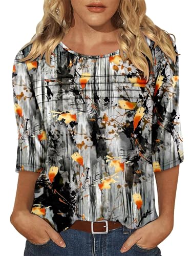 KISSMODA Women's Casual 3/4 Sleeve T-Shirts Round Neck Cute Tunic Tops Basic/Pleated Summer Tops Trendy Spring Blouses
