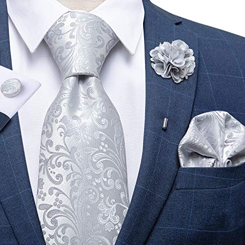 Image of DiBanGu Silk Ties for Men Necktie and Lapel Pin Brooch Set Formal Woven Paisley Plaid Striped Solid Tie Wedding Party