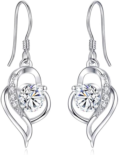 Shuxin Silver Dangle Drop Earrings for Women, 925 Sterling Heart Earrings, with White AAA Cubic Zirconia, Hypoallergenic Jewellery for Sensitive Ears, Suitable for Women Girls, Come in Jewellery Box