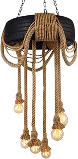 5-Light Black Pendant Light - Rustic Tire-Shaped Hemp Rope Farmhouse Ceiling Fixture for Restaurants and Cafes