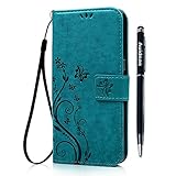 Galaxy J3/J3V/Sol Wallet Case - Auideas Floral Butterfly Embossed PU Leather Magnetic Flip Cover Card Holders & Hand Strap for Samsung Galaxy Amp Prime/ Express Prime /J3 (2016) J320 with Pen - Blue
