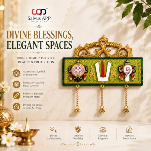 Image of Salvus APP SOLUTIONS Traditional Tirupati Shankh Chakra Namah Door Wall Hanging with Metal Latkan for Home, Temple & Office Decor | Religious Housewarming Gift | Green Multicolor, 7 x 6.5 Inch
