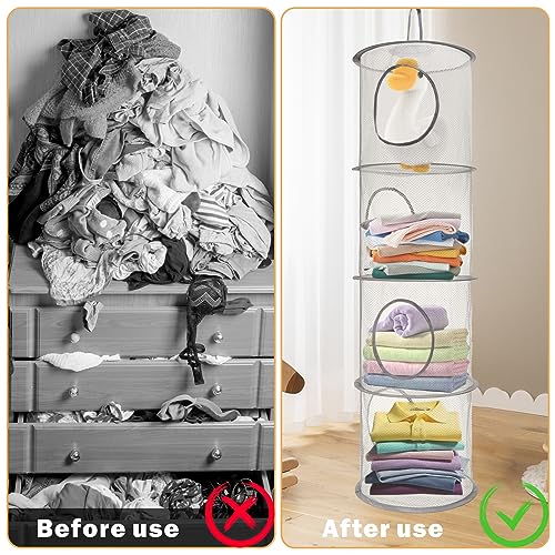 Fentar 2 Stück Set Hängeregal Mesh Hängende Netz-Aufbewahrungstasche, 4 Stufe Faltbare Hängeaufbewahrung Organizer, Hängender Speicherkorb Kinder, Kuscheltiere Hängeregal für Kleine Kleidung(Grau)