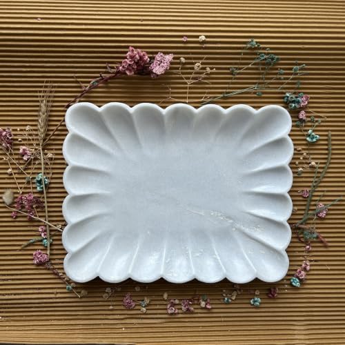 Image of Marble Urli Bowl for Decoration | Big Potpourri Decorative Bowls in Home decor | Large White Floating Flower Plates of Stone | Small Shape puja Item | (14 inch, Scalloped)