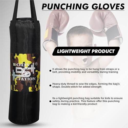 Image of Kids Champ Junior Punching Set | 1 Punching Bag, 1 Head Guard, 2 Gloves | Boxing Training Punching Bag & Gloves for Boys & Girls | for 3 to 10 Years Kids (Set of 4) (Yellow Camo)