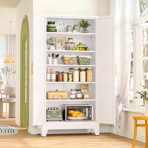 Image of GAIOUS 75.2 inch Tall Metal Storage Cabinet, Kitchen Pantry Cabinet White | Food Storage, Kitchen Organizer, Freestanding Cupboard with 2 Doors and 5 Adjustable Shelves, 6 Tier, Steel,for Office Dining