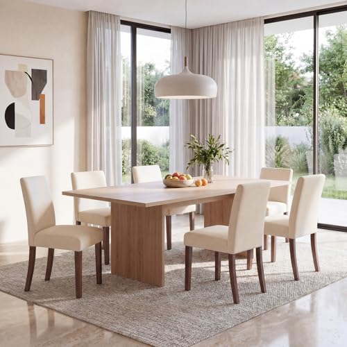 Image of Upholstered Dining Chairs Set of 6, Mid-Century Dining Room Chairs with Wooden Legs, Farmhouse Fabric Parsons Chairs for Small Space Restaurant & Cafe- Beige