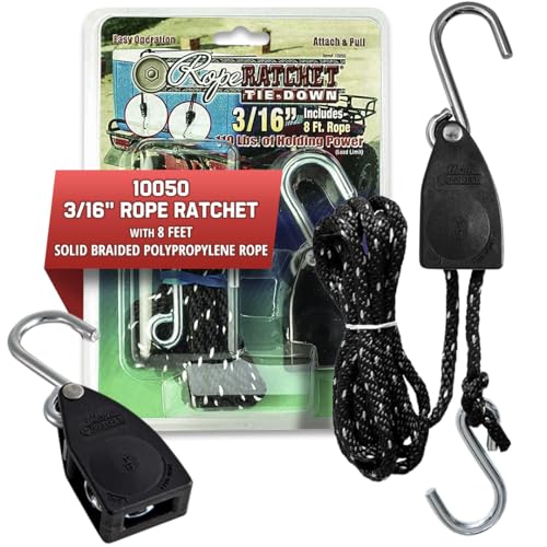 Rope Ratchet 3/16" Hanger Rope Tie Down with 8' Solid Braided Polypropylene, Ideal for Kayak, Canoe, Tent, Grow Lights, Canopy, Outdoor Gear, 110 lbs Capacity
