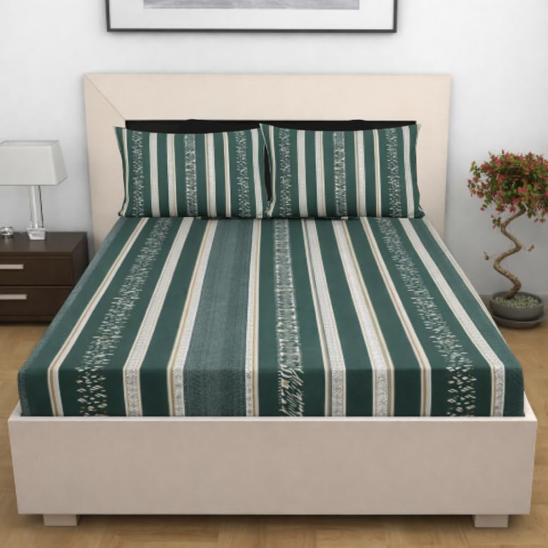 Image of Designer Floral Printed Flat Bedsheet for Double Bed 200tc to 220tc | Ultra Soft Cotton Fabric | King /Queen Size Top Sheet with 2 Matching Pillow Covers - 228 x 228 Cm, Teal Green