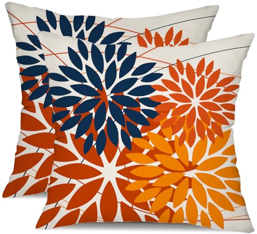 DFXSZ Outdoor Pillow Covers 18x18 Inch Set of 2 Blue Orange Flower Decorative Waterproof Summer Outdoor Pillow Covers Valentines Pillow Covers for Patio Funiture Garden Couch 168N18