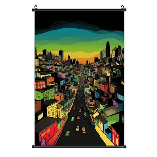 Poster toile dessin animé villes facile à accrocher sans abîmer les murs