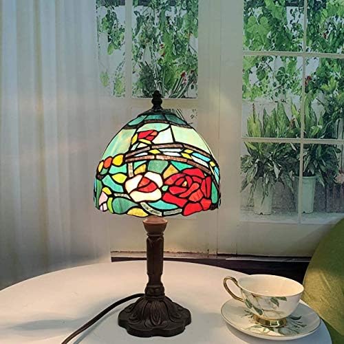 Bieye L30736 Rose Flower Tiffany Style Stained Glass Table Lamp with 8-inch Wide Lampshade, 15-inch Tall, Red