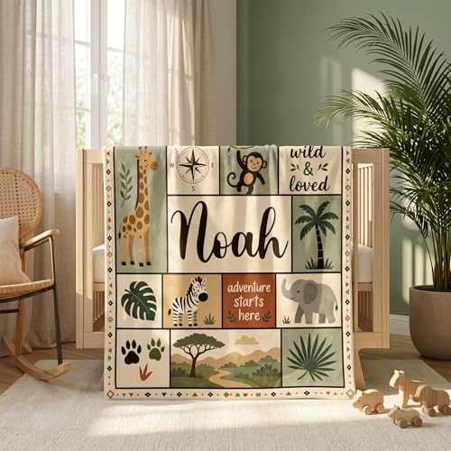 Image of Personalized Baby Blanket with Name, Custom Soft Flannel Nursery Blankets for Boys Girls, Safari Woodland Dinosaur Space Themed Toddler Throw, Customized Newborn Gift for Baby Shower Birthday