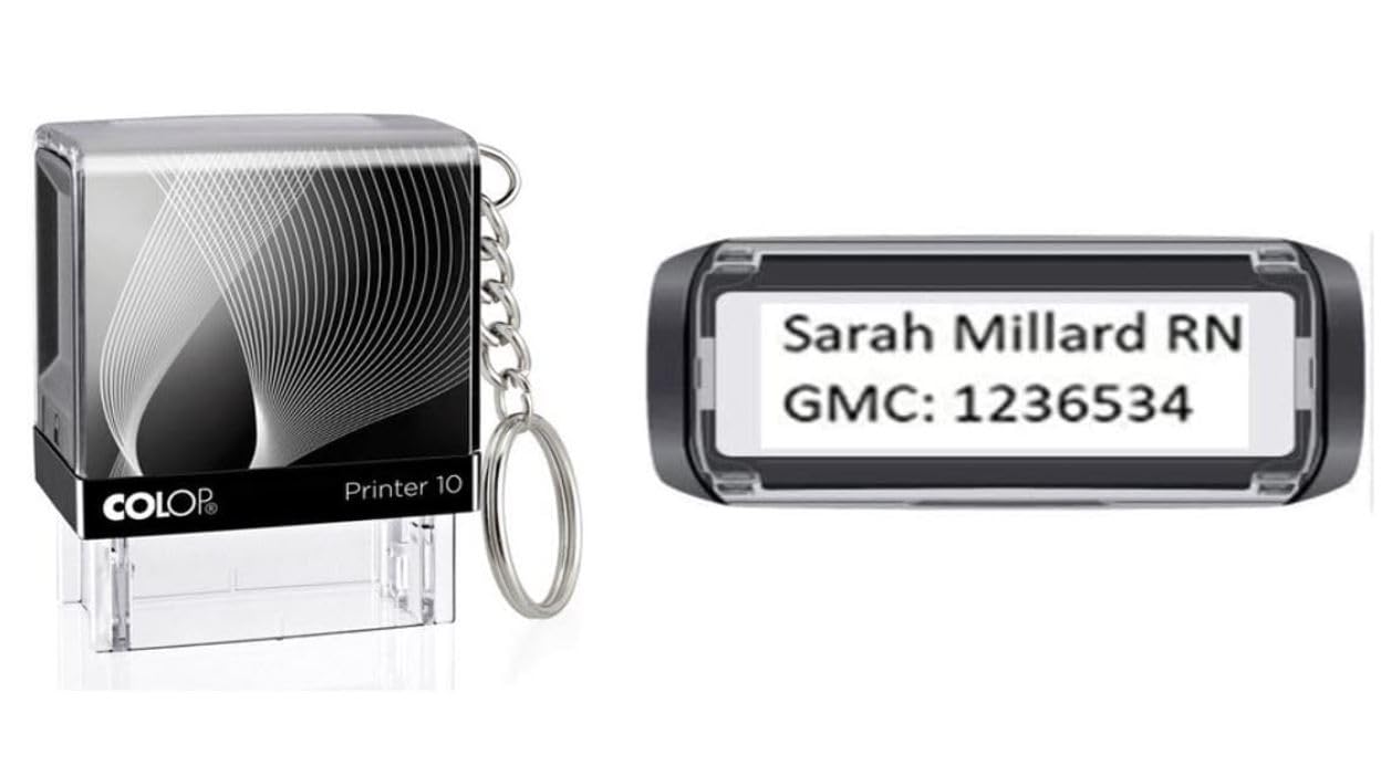 Black Ink Athena Stamps Limited -Nurses/Midwife/Doctors Stamp - Supplied With Handy Key Ring - Self Inking Personalised (2 Lines) 9Mm X 25Mm Exclusively For Athena Stamps