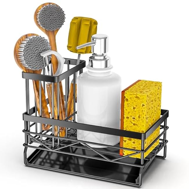 Kitchen Sink Caddy, Sponge Holder for Kitchen Sink, Kitchen Sink Organzier and Storage with High Brush Holder, Rustproof 304 Stainless Kitchen Gadgets Sink Accessories(Black, Small)