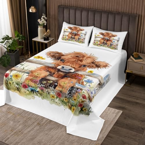Erosebridal Highland Cow Coverlet Set Queen Size Floral Animal Bedspread for Kids Girls Boys Watercolor Kawaii Daisy Brown Beige Quilted Coverlet Soft Luxury Quilted