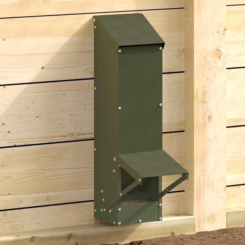 Mangiatoia per polli, verde oliva, in acciaio laminato a freddo, 13 x 12 x 51 cm, con tetto, capacità 5 kg, resistente alle intemperie, per interni ed esterni, pratica mangiatoia per pollame