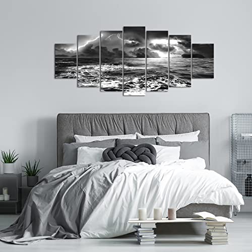 Sechars X-Large Multi Piece Canvas Wall Art Black And White Ocean Lightning Storm Picture Painting Nature Wave Seascape Photo Giclee Print For Home Living Room Office Decoration W-70 X H-32 #TOP4