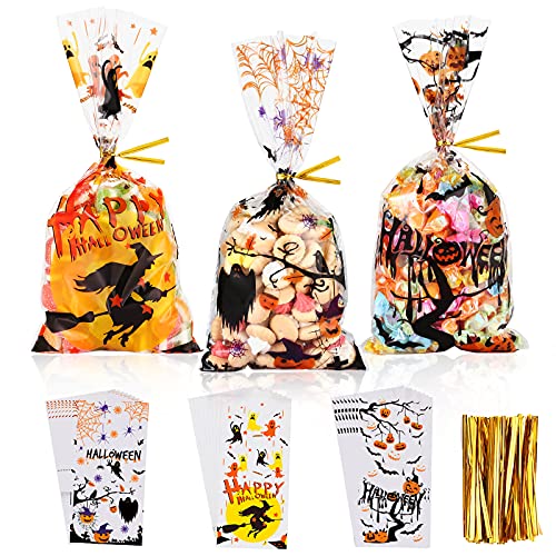 RFWIN 120 Stück Halloween-Zellophantüten, transparente Zellophanbeutel, Kürbis-Spinne, Geist, Geschenktüten, Kinderparty-Geschenktüten mit goldenen Bindebändern für süße Süßigkeiten, Snacks, Kekse Cover