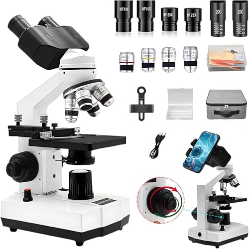 Microscope for Adults,40X-2000X LED Binocular Compound WF10x & WF25x Eyepieces, Dual LED Lighting, Layer Mechanical Stage