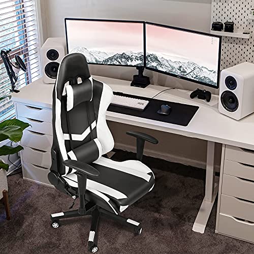 Gamestoel race gamingstoel ergonomische bureaustoel met verstelbare armleuningen nekkussen Instelbare zithoogte,stalen frame, 160° hellingshoek instelbaar belasting 200 kg, zwart en wit - Image 3