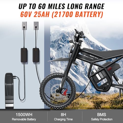 Image of Riding'times Electric Dirt Bike for Teens Adults 40MPH, 60V 25AH Electric Motorcycle with 14 inch /12 inch Fat Tire Ebike, 3000W Dual Hydraulic Brakes Mountain Off-Road Ebike for Ages 13+