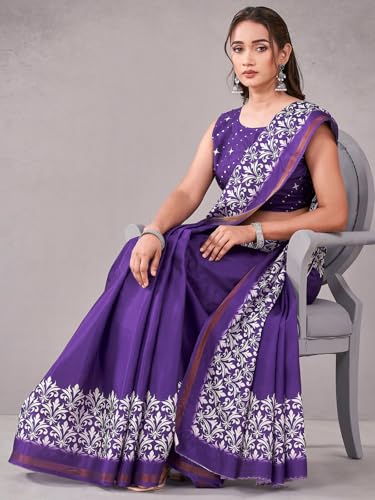 Image of Satrani Women's Silk Printed Saree with Unstitched Blouse Piece