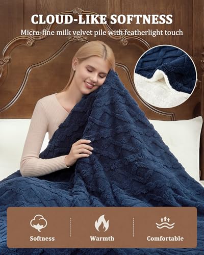 CAROMIO Electric Blanket Queen Size Dual Control - Thick Tufted Sherpa Heated Blanket Queen with 6 Heat Levels and 20 Time Settings, ETL Certified Fast Heating Blanket Queen Size 84"×90", Navy Blue