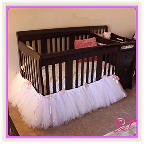 Handmade Tulle Crib Skirt in White for Girl/Boys, Birthday Party Decoration,Baby Shower&Baby Room Decorative 16inch Drop, 52X28 inch Crib Size