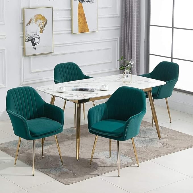 Image of Green Velvet Chair for Home | Modern Accent Armchair in Soft Velvet Fabric with Golden Legs | Set of 2 Premium Accent Chair for Living Room Bedroom Restaurent | Green, 2 pc