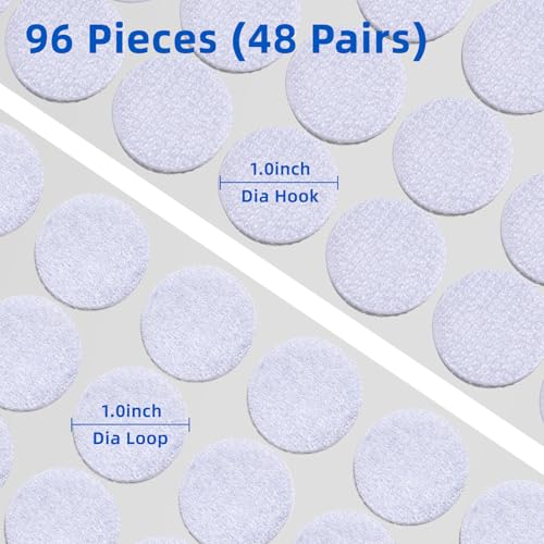 Image of 96pcs Self Adhesive Dots Tape, 1.0 Inch Diameter Hook and Loop Dots, Premium Nylon Sticky Back Coins for Home, School, Office, DIY (1 inch 48Pairs White)