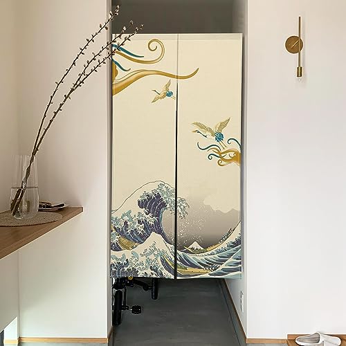 のれん Qinunipoto 和風 鶴と波 暖簾 シンプル風 幅72cm丈120cm インテリア 出入り口 目隠し おしゃれ すだれ 遮光 部屋 間仕切りカーテン 門カーテン ポリエステル製 オーダー可 簡単取付 四季兼用