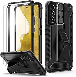 ORETECH Designed for Samsung Galaxy S22 Plus Case,[Tempered Glass Screen & Camera Protectors] [Heavy Duty Protection] [Kickstand & Phone Holder]6 in 1 Full Body Shockproof Samsung S22 Plus Case- Black